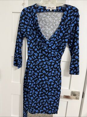 Diane Von Furstenberg Black Wrap Dress with Blue Leaf Print